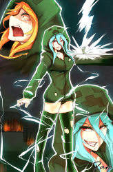Rule 34 | 1girl, at2., blonde hair, blue hair, breasts, charged creeper, cleavage, creeparka, creeper, cupa (at2.), electricity, evil grin, evil smile, green thighhighs, grin, highres, hood, hoodie, lightning, looking at viewer, medium breasts, minecraft, naked hoodie, open mouth, panties, personification, red eyes, smile, solo, standing, tears, thighhighs, torn clothes, torn thighhighs, underwear