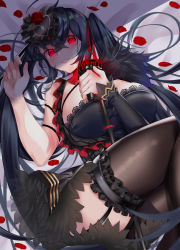 Rule 34 | 1girl, absurdres, asymmetrical clothes, asymmetrical legwear, azur lane, black dress, black hair, black legwear, breasts, character name, cleavage, crossed bangs, detached collar, detached sleeves, dress, garter straps, glowing, glowing eyes, hair ornament, highres, holding, holding microphone stand, large breasts, long hair, looking at viewer, lying, microphone stand, on back, petals, red eyes, red ribbon, ribbon, shadow, short dress, sleeveless, sleeveless dress, smile, taihou (azur lane), taihou (muse) (azur lane), twintails, uneven legwear, very long hair, yoshitoki (kisshin)