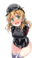 Rule 34 | 10s, 1girl, anchor hair ornament, aqua eyes, black skirt, black thighhighs, blonde hair, bulbonne, commentary request, covering privates, covering crotch, cross, hair ornament, hat, highres, iron cross, kantai collection, long sleeves, low twintails, microskirt, military, military hat, military uniform, open mouth, peaked cap, prinz eugen (kancolle), skirt, solo, thighhighs, twintails, uniform, v arms