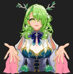 Rule 34 | 1girl, absurdres, antlers, bandal765, black background, braid, breasts, ceres fauna, cleavage, commentary, cropped torso, dress, english commentary, green hair, hair over one eye, highres, hololive, hololive english, horns, large breasts, long hair, looking at viewer, open mouth, reaching, reaching towards viewer, simple background, smile, solo, upper body, very long hair, virtual youtuber, white dress, wide sleeves, yellow eyes