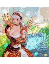 Rule 34 | 1girl, breasts, carlo montie, choker, cleavage, colorful, commentary, dress, elbow gloves, fish, fish costume, gloves, grey hair, hair between eyes, hairband, hand up, highres, large breasts, letterboxed, light smile, lionfish, lipstick, long hair, looking at viewer, makeup, original, parted lips, red eyes, red lips, scales, smile, solo, standing, striped clothes, striped dress, teeth