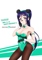 Rule 34 | 1girl, absurdres, animal ears, artist name, artist request, bare shoulders, black gloves, black pantyhose, blue hair, blush, bow, breasts, cleavage, collarbone, dress, female focus, gloves, green bow, green dress, green hairband, green headband, hair between eyes, hairband, headband, highres, leotard, long hair, looking at viewer, love live!, love live! sunshine!!, matsuura kanan, medium breasts, nanoha99001, pantyhose, parted lips, playboy bunny, ponytail, purple eyes, smile, solo, white background, white wrist cuffs, wrist cuffs