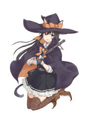 Rule 34 | 1girl, :d, animal ear fluff, animal ears, asashio (kancolle), asashio kai ni (kancolle), bad id, bad pixiv id, black dress, black hair, blue eyes, blush, boots, bow, brown footwear, cape, cat ears, cat girl, cat tail, collared shirt, commentary request, dress, dress shirt, frilled dress, frills, full body, gloves, hair between eyes, halloween, hat, hat bow, high heel boots, high heels, highres, holding, kantai collection, long hair, long sleeves, looking at viewer, multicolored cape, multicolored clothes, open mouth, orange bow, orange cape, pinafore dress, purple cape, purple hat, rakisuto, shirt, simple background, sleeveless, sleeveless dress, smile, solo, striped clothes, striped thighhighs, tail, thighhighs, thighhighs under boots, torpedo, very long hair, white background, white gloves, white shirt, witch hat