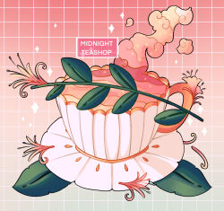 Rule 34 | absurdres, commentary, cup, english commentary, flower, food focus, gradient background, green background, grid background, highres, honeysuckle, leaf, megan koch, no humans, orange flower, original, red background, saucer, sparkle, steam, tea, teacup, watermark