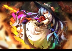 Rule 34 | 1girl, black gloves, blue hair, dress, fami (yellow skies), fingerless gloves, food, fruit, gloves, hat, hat ornament, hinanawi tenshi, letterboxed, long hair, looking at viewer, open mouth, peach, puffy short sleeves, puffy sleeves, red eyes, short sleeves, solo, sword of hisou, touhou, very long hair, white dress