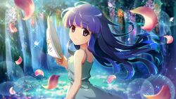 Rule 34 | 1girl, bare arms, blue hair, blunt bangs, day, dress, flat chest, floating hair, forest, fox mask, furude rika, green dress, highres, higurashi no naku koro ni, higurashi no naku koro ni mei, hime cut, holding, holding mask, long hair, looking at viewer, mask, nature, official art, parted lips, petals, pink petals, purple eyes, scene reference, solo, sparkle, tree, unworn mask, wind