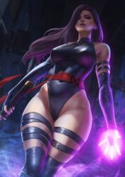 Rule 34 | 1girl, blurry, blurry background, breasts, covered erect nipples, crotch, curvy, detached sleeves, fingerless gloves, gloves, glowing, glowing hand, highleg, highleg leotard, holding, holding sword, holding weapon, katana, kneehighs, large breasts, legs together, leotard, long hair, looking at viewer, marvel, monori rogue, navel, psylocke, purple eyes, purple hair, purple lips, red ribbon, revealing clothes, ribbon, socks, solo, sword, thick thighs, thighs, weapon, wide hips, x-men