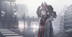 Rule 34 | 1girl, absurdres, angelina (arknights), animal ears, arknights, black collar, black shirt, brown hair, building, coat, collar, damaged, earpiece, fox ears, fox girl, hairband, highres, infection monitor (arknights), long hair, looking at viewer, mira (345toron), open clothes, open coat, orange eyes, outdoors, rain, red hairband, ruins, scenery, shirt, sidelocks, solo, striped clothes, striped hairband, twintails, upper body, white coat