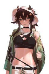 Rule 34 | 1girl, absurdres, animal ears, arknights, black choker, black hair, black shirt, chinese commentary, choker, commentary request, crop top, ears through headwear, fedora, green eyes, green jacket, grin, hair between eyes, hat, highres, jacket, long hair, looking at viewer, meteor (arknights), meteor (bard&#039;s holiday) (arknights), midriff, navel, official alternate costume, open clothes, open jacket, pants, shirt, simple background, smile, solo, sports bra, stomach, upper body, wanezhiyauna, white background, white hat, white pants