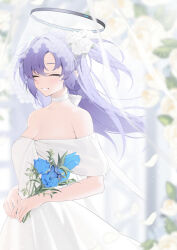 Rule 34 | 1girl, bechu, blue archive, blue butterfly, blue eyes, blue flower, blue rose, blurry, blurry background, blush, breasts, bridal veil, bug, butter, butterfly, choker, cleavage, closed eyes, dress, flower, food, hair between eyes, hair flower, hair ornament, halo, highres, holding, holding flower, insect, long hair, medium breasts, off-shoulder dress, off shoulder, petals, purple eyes, purple hair, rose, smile, solo, strapless, strapless dress, two side up, veil, wedding dress, white choker, white dress, white flower, white rose, yuuka (blue archive)