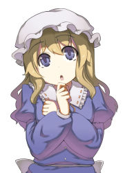 Rule 34 | 1girl, :o, blonde hair, blue eyes, face, female focus, hand on own chin, hat, hota, looking up, maribel hearn, open mouth, purple eyes, solo, touhou