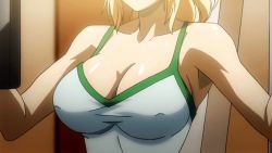 Rule 34 | 1girl, animated, animated gif, bare shoulders, blonde hair, bouncing breasts, breasts, cleavage, female focus, freezing (series), head out of frame, large breasts, long hair, satellizer el bridget, solo, training