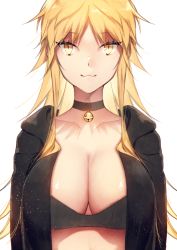 Rule 34 | 1girl, :3, arms at sides, bell, black bra, blonde hair, bra, breasts, choker, closed mouth, flipped hair, genderswap, genderswap (mtf), izumi kouhei, jingle bell, large breasts, long hair, looking at viewer, neck bell, open clothes, pepper fever, simple background, slit pupils, smile, solo, underwear, white background, world trigger, yellow eyes