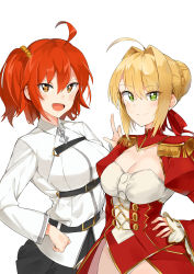 Rule 34 | 10s, 2girls, :d, absurdres, ahoge, blonde hair, blush, breasts, brown eyes, cleavage, epaulettes, fate/extra, fate/grand order, fate (series), fujimaru ritsuka (female), green eyes, hand on own hip, highres, looking at viewer, medium breasts, multiple girls, nero claudius (fate), nero claudius (fate), nero claudius (fate/extra), open mouth, orange hair, see-through, side ponytail, simple background, smile, standing, tuxedo de cat, white background