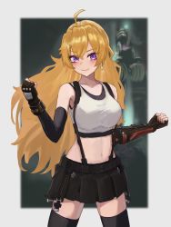 Rule 34 | 1girl, absurdres, ahoge, black gloves, black skirt, black thighhighs, blonde hair, blush, border, bracer, breasts, clenched hands, closed mouth, cosplay, crop top, earrings, elbow gloves, final fantasy, final fantasy vii, final fantasy vii remake, fingerless gloves, gloves, hands up, highres, jewelry, large breasts, long hair, looking at viewer, midriff, miniskirt, navel, purple eyes, rwby, ryoha kosako, single earring, skirt, smile, solo, stomach, suspender skirt, suspenders, tank top, thighhighs, thighs, tifa lockhart, tifa lockhart (cosplay), very long hair, wavy hair, white border, white tank top, yang xiao long, zettai ryouiki