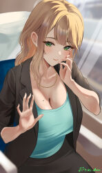 Rule 34 | 1girl, artist name, asymmetrical bangs, black jacket, black skirt, blonde hair, blue shirt, blush, breasts, chair, cleavage, formal, green eyes, hand on own face, highres, jacket, large breasts, looking at viewer, michan127neko, mole, mole on breast, mole under eye, office chair, office lady, original, pencil skirt, shirt, sitting, skirt, skirt suit, smile, solo, suit, swivel chair, waving