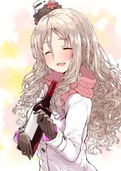 Rule 34 | 1girl, :d, ^ ^, alternate costume, blush, bottle, brown gloves, brown hair, casual, closed eyes, coat, gloves, gradient background, hair between eyes, holding, holding bottle, kantai collection, long hair, long sleeves, matsutani, open mouth, pink scarf, pola (kancolle), scarf, smile, solo, very long hair, wavy hair, white coat, wine bottle