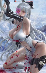 Rule 34 | 1girl, arched back, blood, blood on clothes, blood on leg, breasts, cleavage cutout, clothing cutout, drag-on dragoon, drag-on dragoon 3, flower, flower over eye, large breasts, lexaiduer, solo, white hair, zero (drag-on dragoon)