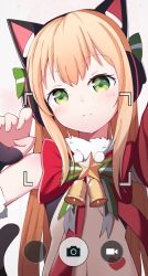 Rule 34 | 1girl, absurdres, animal ear headphones, animal ears, bare shoulders, bell, black sleeves, blonde hair, blush, bow, cat ear headphones, cat ears, closed mouth, commentary, english commentary, fake animal ears, fingernails, fur collar, girls&#039; frontline, green bow, green eyes, head tilt, headphones, heart, highres, long hair, looking at viewer, official alternate costume, outstretched arm, reaching, reaching towards viewer, red bow, selfie, sleeves past wrists, solo, starfox1015, striped, striped bow, tmp (girls&#039; frontline), tmp (red-eared cat) (girls&#039; frontline), very long hair, viewfinder