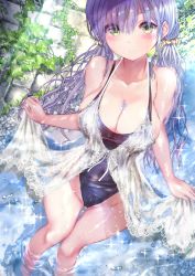 Rule 34 | 1girl, black one-piece swimsuit, breasts, cleavage, commentary request, cowboy shot, dress, from above, green eyes, highleg, highleg swimsuit, highres, long hair, low twintails, medium breasts, ogata tei, one-piece swimsuit, original, plant, purple hair, skirt hold, soaking feet, solo, standing, swimsuit, swimsuit under clothes, twintails, vines, wading, water, wet, wet clothes, white dress