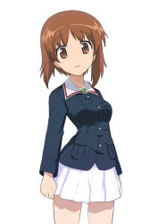 Rule 34 | 1girl, absurdres, blue jacket, brown eyes, brown hair, closed mouth, commentary, cowboy shot, ennui orz, girls und panzer, green shirt, highres, jacket, long sleeves, looking at viewer, military, military uniform, miniskirt, nishizumi miho, ooarai military uniform, pleated skirt, shirt, short hair, simple background, skirt, smile, solo, standing, uniform, white background, white skirt
