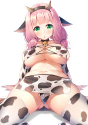 Rule 34 | 1girl, absurdres, animal ears, animal print, arm support, bang dream!, bell, bikini, blush, breasts, choker, cleavage, collarbone, cow ears, cow girl, cow horns, cow print, cowbell, eyepatch bikini, fake animal ears, fake horns, green eyes, hair tie, hairband, highres, horns, large breasts, looking at viewer, low twintails, medium hair, nasudora, navel, neck bell, open mouth, pelvic curtain, pink hair, simple background, sitting, solo, swimsuit, thighhighs, twintails, uehara himari, white background