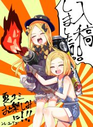 Rule 34 | 2girls, abigail williams (fate), bare shoulders, black bow, black dress, black headwear, blonde hair, bloomers, blush, bow, breasts, brown gloves, bug, butterfly, can, cleavage, closed eyes, collarbone, commentary request, dress, fate/grand order, fate (series), fire, flamethrower, forehead, gloves, hair bow, hat, highres, insect, long hair, long sleeves, multiple girls, naked overalls, nomeazog, on one knee, orange bow, overall shorts, overalls, oversized object, parted bangs, paul bunyan (fate), paul bunyan (third ascension) (fate), short hair, sleeves past fingers, sleeves past wrists, small breasts, sunburst, sunburst background, translation request, underwear, very long hair, weapon, white bloomers