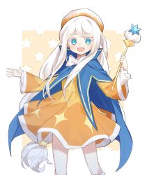 Rule 34 | blue coat, blue eyes, blush, bow, bowtie, brown headwear, coat, cookie run, cream puff cookie, dress, highres, holding, holding wand, long hair, love mintchoco, low-tied long hair, open mouth, orange dress, simple background, smile, solo, very long hair, wand, white background, white bow, white bowtie