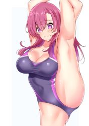 Rule 34 | 1girl, arm up, breasts, cleavage, competition swimsuit, cowboy shot, highleg, highleg swimsuit, highres, holding, kneepits, large breasts, leg lift, leg up, long hair, one-piece swimsuit, open mouth, original, pink eyes, pink hair, sankakusui, smile, solo, standing, standing on one leg, swimsuit, thighs