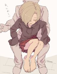 Rule 34 | 1boy, 1girl, bad feet, bare legs, barefoot, black hoodie, blonde hair, blush stickers, closed eyes, commentary request, convenient leg, ear piercing, hair over one eye, hood, hoodie, ichiromi, idolmaster, idolmaster cinderella girls, knees up, parted lips, partially colored, piercing, pleated skirt, red skirt, shirasaka koume, short hair, signature, sitting, sitting on lap, sitting on person, sketch, skirt, sleeves past fingers, sleeves past wrists, slippers, smile, sweatdrop