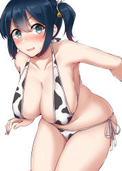 Rule 34 | 1girl, absurdres, animal print, bell, bikini, blue eyes, blue hair, blush, breasts, cleavage, collarbone, cow print, hair between eyes, highres, kantai collection, kiritto, large breasts, long hair, open mouth, side-tie bikini bottom, simple background, solo, souryuu (kancolle), swimsuit, teeth, twintails, upper teeth only, white background, white bikini