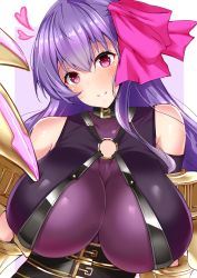 Rule 34 | 10s, 1girl, bare shoulders, blush, bow, breasts, claws, cleavage, detached sleeves, fate/extra, fate/extra ccc, fate/grand order, fate (series), hair bow, hair ornament, hair ribbon, heart, highres, huge breasts, long hair, looking at viewer, o-ring, o-ring top, parted lips, passionlip (fate), purple eyes, purple hair, ribbon, sankakusui, see-through, smile, solo, upper body, very long hair