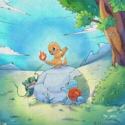 Rule 34 | animal focus, artist name, blue eyes, blue sky, bright pupils, bulbasaur, bush, charmander, claws, cloud, creatures (company), day, eye contact, fire, flame-tipped tail, from behind, full body, game freak, gen 1 pokemon, grass, happy, highres, kinunuko, looking at another, looking back, moss, nintendo, no humans, open mouth, outdoors, pokemon, pokemon (creature), red eyes, rock, sky, smile, squirtle, standing, starter pokemon trio, tentacles, tree, twitter username, watermark, white pupils