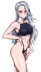 Rule 34 | 1girl, abs, armpits, blush, breasts, brown eyes, grey hair, hair behind ear, hand on own hip, hand on own thigh, highres, large breasts, long hair, nail polish, navel, niijima sae, persona, persona 5, purple nails, shadertoons, shirt, solo, stomach, taut clothes, taut shirt, thighs, toned, underwear