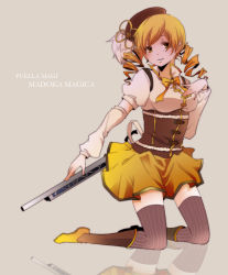Rule 34 | 10s, 1girl, bad id, bad pixiv id, beret, blonde hair, blush, boots, breast suppress, breasts, brown thighhighs, copyright name, corset, detached sleeves, drill hair, full body, gun, hair ornament, hairpin, hat, highres, kneeling, long hair, magical girl, magical musket, mahou shoujo madoka magica, mahou shoujo madoka magica (anime), medium breasts, pleated skirt, puffy sleeves, reflection, reflective floor, ribbon, rifle, shirt, simple background, skirt, smile, solo, striped clothes, striped thighhighs, taut clothes, taut shirt, thighhighs, tomoe mami, twin drills, twintails, vertical-striped clothes, vertical-striped thighhighs, weapon, yellow eyes, yucco kxoxc, zettai ryouiki