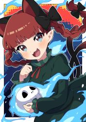 Rule 34 | 1girl, :3, :d, animal ears, black bow, blue eyes, blue fire, blunt bangs, blush, bow, braid, cat ears, dress, extra ears, fang, fire, flaming skull, floating skull, green dress, hair bow, highres, hitodama, holding, holding skull, kaenbyou rin, long sleeves, looking at viewer, miz (mizillustration), multicolored eyes, multiple tails, nekomata, open mouth, outline, pointy ears, red eyes, red hair, skull, smile, solo, tail, touhou, twin braids, v-shaped eyebrows, white outline