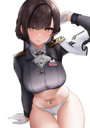 Rule 34 | 1girl, absurdres, arm support, arm up, ascot, black jacket, breasts, brown eyes, brown hair, character name, closed mouth, commentary, crop top, cropped jacket, english commentary, epaulettes, gloves, goddess of victory: nikke, half updo, highres, jacket, large breasts, long hair, long sleeves, looking at viewer, marciana (nikke), military jacket, military uniform, name tag, navel, navel piercing, no pants, panties, piercing, ryuvie, sidelocks, simple background, sitting, solo, thigh gap, underwear, uniform, white ascot, white background, white gloves, white panties