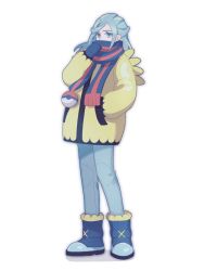 Rule 34 | 1boy, aqua eyes, aqua hair, blue footwear, blue mittens, boots, commentary request, creatures (company), full body, game freak, grusha (pokemon), hakohako5385, hand in pocket, hand up, highres, jacket, long hair, long sleeves, male focus, mittens, nintendo, pants, pokemon, pokemon sv, scarf, scarf over mouth, simple background, solo, standing, striped clothes, striped scarf, white background, yellow jacket