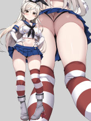 Rule 34 | 1girl, absurdres, animal ears, ass, blue skirt, blush, boots, breasts, brown eyes, butt crack, closed mouth, collarbone, commentary request, conte di cavour (kancolle), cosplay, fake animal ears, gluteal fold, grey background, grey footwear, halter shirt, halterneck, hands on own hips, highleg, highleg panties, highres, kantai collection, large breasts, light brown hair, long hair, miniskirt, multiple views, navel, panties, rabbit ears, school uniform, serafuku, shimakaze (kancolle), shimakaze (kancolle) (cosplay), simple background, skirt, smile, standing, stomach, striped clothes, striped thighhighs, thighhighs, torisan, underwear, white serafuku