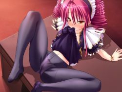 Rule 34 | 00s, 1girl, arm support, blush, bow, bow panties, clothes in mouth, clothes lift, crotch seam, drill hair, feet, game cg, hairband, jpeg artifacts, laila fendy, maid, midriff, mouth hold, orange eyes, oshiete re:maid, ozawa akifumi, panties, panties under pantyhose, pantyhose, pink hair, shadow, sitting, skirt, skirt in mouth, skirt lift, solo, spread legs, table, tears, underwear, upskirt, wet, wet clothes, wet panties, white panties, yellow eyes