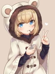 Rule 34 | 10s, 1girl, :3, absurdres, animal hood, bad id, bad pixiv id, bear hood, black shirt, blonde hair, blue eyes, blush, brown background, brown coat, closed mouth, coat, commentary, fang, food, girls und panzer, hair between eyes, heart, highres, holding, holding food, hood, hooded coat, katyusha (girls und panzer), koretsuna, long sleeves, looking at viewer, mouth hold, shirt, short hair, simple background, smile, solo, standing, upper body, v, wide sleeves