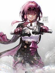 Rule 34 | 1girl, black jacket, breasts, chest harness, collared shirt, eyewear on head, gloves, gun, hair between eyes, harness, high-waist shorts, highres, holding, holding gun, holding weapon, honkai: star rail, honkai (series), jacket, jewelry, kafka (honkai: star rail), large breasts, long hair, long sleeves, looking at viewer, pantyhose, purple eyes, purple gloves, purple hair, purple pantyhose, round eyewear, ryrmcher, shirt, shorts, smile, solo, sunglasses, teeth, weapon, white shirt