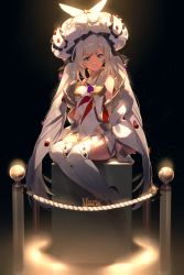 Rule 34 | 1girl, blue eyes, character name, echo (circa), fate/grand order, fate (series), grey hair, hat, high collar, long hair, looking at viewer, marie antoinette (fate), marie antoinette (third ascension) (fate), sitting, smile, solo, thighhighs, thighs, very long hair, white hat, white thighhighs