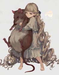 Rule 34 | 1girl, absurdly long hair, animal, animal hug, barefoot, black eyes, blonde hair, cheese, claws, commentary, copyright request, dress, food, full body, grey background, hair ribbon, highres, holding, holding animal, hug, long hair, long sleeves, looking at viewer, magenaiman3, mouse (animal), ribbon, smile, standing, symbol-only commentary, very long hair, wavy hair, white dress