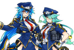 Rule 34 | 2girls, belt, black choker, blue hair, blue hat, blue jacket, blue skirt, breasts, bright pupils, choker, collared shirt, cowboy shot, gloves, hair between eyes, hair over one eye, hand on own hip, hat, huge breasts, jacket, large breasts, long hair, long sleeves, looking at viewer, multiple girls, necktie, one eye covered, original, police, police hat, police uniform, policewoman, ponytail, pouch, red eyes, red neckwear, sharp teeth, shirt, simple background, skirt, skj, teeth, twintails, uniform, very long hair, white background, white gloves, white shirt, wing collar, yellow eyes