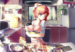 Rule 34 | 1girl, apron, bag, baking, blue eyes, book, bottle, bow, bowl, breast rest, breasts, butter, buttons, cabinet, carried breast rest, carrying, cutting board, dishes, egg, eyebrows, fisheye, flour, food, frilled apron, frills, frying pan, hair bow, holding, holding bowl, indoors, kettle, kitchen, ladle, looking down, microwave, milk carton, mixing bowl, one side up, open book, original, pink apron, pink hair, plant, potted plant, reading, serious, shirt, shuffle (songdatiankong), sink, solo, spatula, spoon, striped clothes, striped shirt, sunlight, teaspoon, weighing scale, whisk, window, window blinds