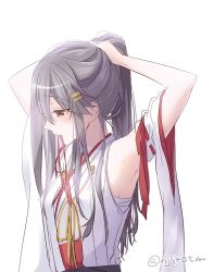 Rule 34 | 10s, 1girl, adjusting hair, alternate hairstyle, armpits, arms up, black hair, blush, brown eyes, detached sleeves, hair ornament, hairclip, haruna (kancolle), ichimatsu nana, jpeg artifacts, kantai collection, long hair, mouth hold, nontraditional miko, ribbon-trimmed sleeves, ribbon trim, simple background, solo, twitter username, upper body, white background, wide sleeves