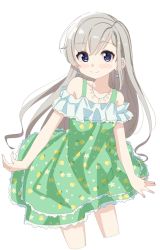 Rule 34 | 1girl, bare shoulders, blue eyes, blush stickers, closed mouth, collarbone, cropped legs, dress, earrings, green dress, grey hair, hair between eyes, highres, hisakawa hayate, idolmaster, idolmaster cinderella girls, idolmaster cinderella girls starlight stage, jewelry, long hair, looking at viewer, off-shoulder dress, off shoulder, shiwa (siwaa0419), simple background, smile, solo, very long hair, white background