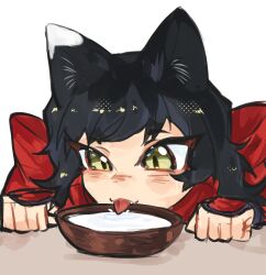 Rule 34 | 1girl, animal ears, black hair, bowl, cat ears, cat girl, commentary, drinking, dungeon meshi, english commentary, fang, fang out, hands up, highres, izutsumi, licking, magentaroll, milk, mismatched animal ear colors, red scarf, scarf, short hair, solo, white background, yellow eyes