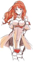 Rule 34 | 1girl, armor, arms behind back, celica (fire emblem), cowboy shot, detached collar, fire emblem, fire emblem echoes: shadows of valentia, highres, nintendo, red armor, red eyes, red hair, simple background, solo, standing, thighhighs, wavy hair, white armor, white background, zettai ryouiki